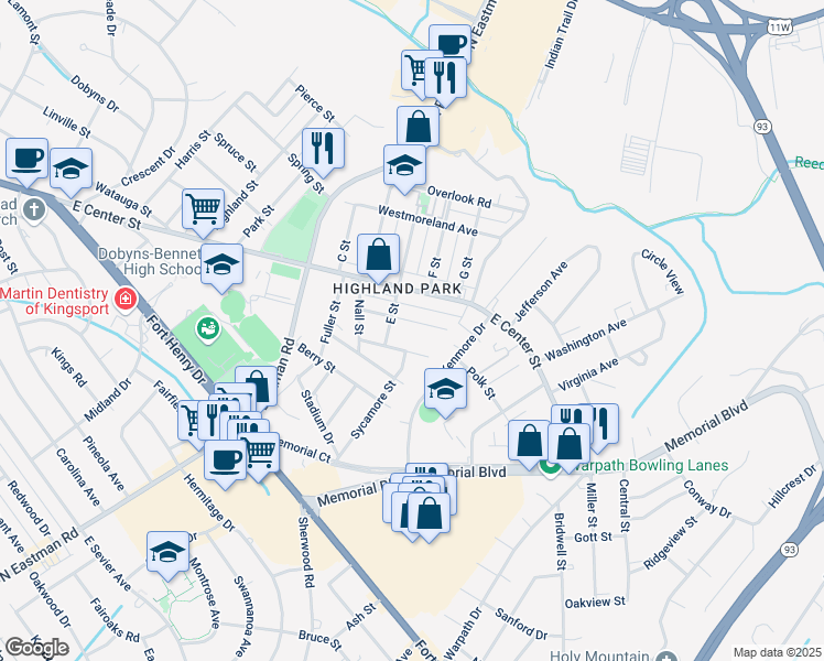 map of restaurants, bars, coffee shops, grocery stores, and more near 2317 Maxwell Ave in Kingsport