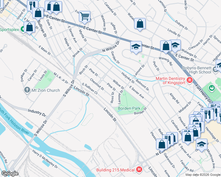 map of restaurants, bars, coffee shops, grocery stores, and more near 1329 Pine Street in Kingsport