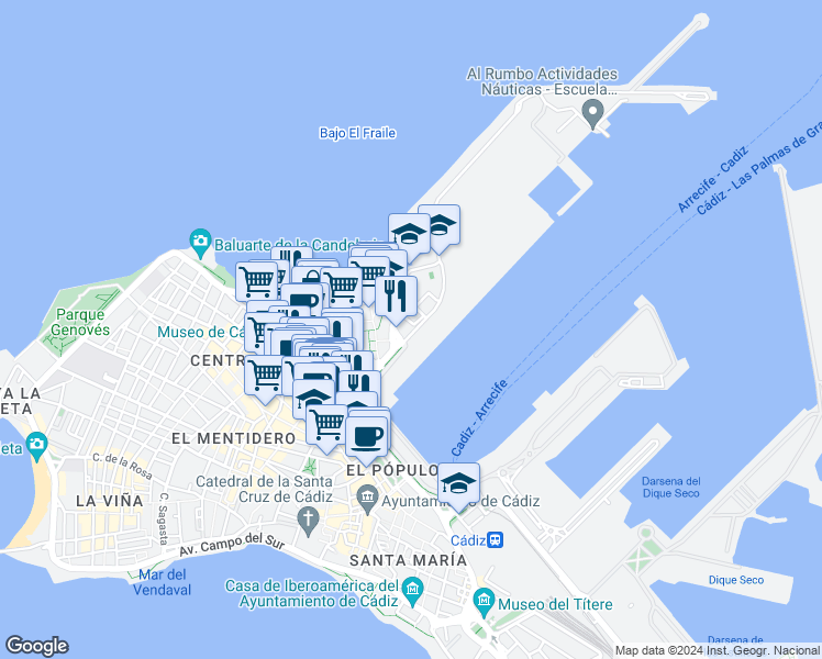 map of restaurants, bars, coffee shops, grocery stores, and more near 4 Avenida del Descubrimiento in Cádiz