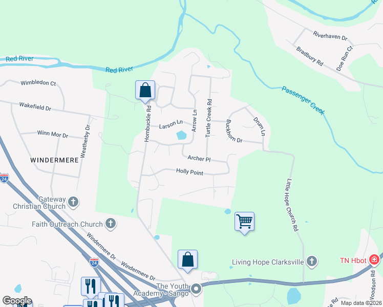map of restaurants, bars, coffee shops, grocery stores, and more near 1361 Archer Place in Clarksville