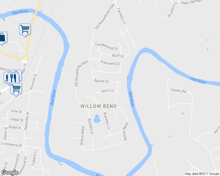 map of restaurants, bars, coffee shops, grocery stores, and more near 381 Renfro Court in Clarksville