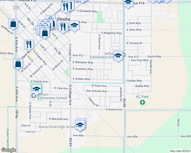 map of restaurants, bars, coffee shops, grocery stores, and more near 1275 Holden Avenue in Dinuba