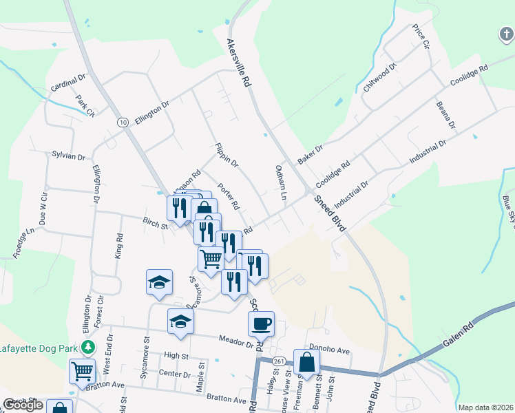 map of restaurants, bars, coffee shops, grocery stores, and more near 1201 Flippin Drive in Lafayette
