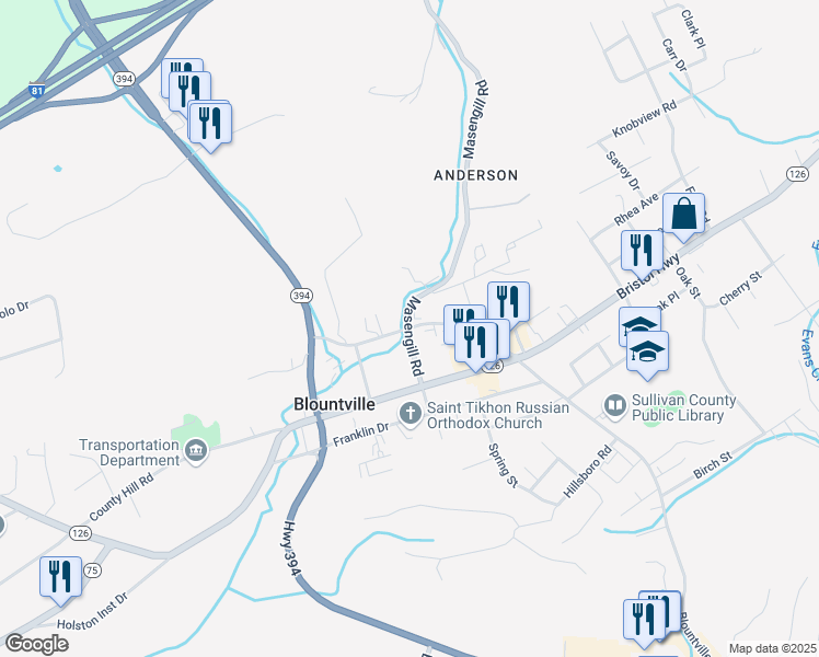 map of restaurants, bars, coffee shops, grocery stores, and more near 75 Blountville Bypass in Blountville