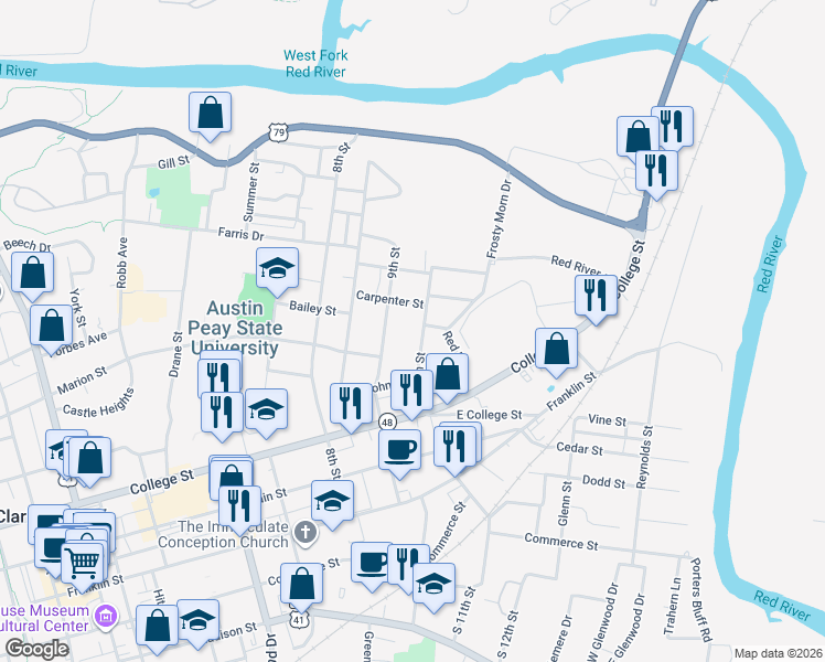 map of restaurants, bars, coffee shops, grocery stores, and more near 518 Poston Street in Clarksville