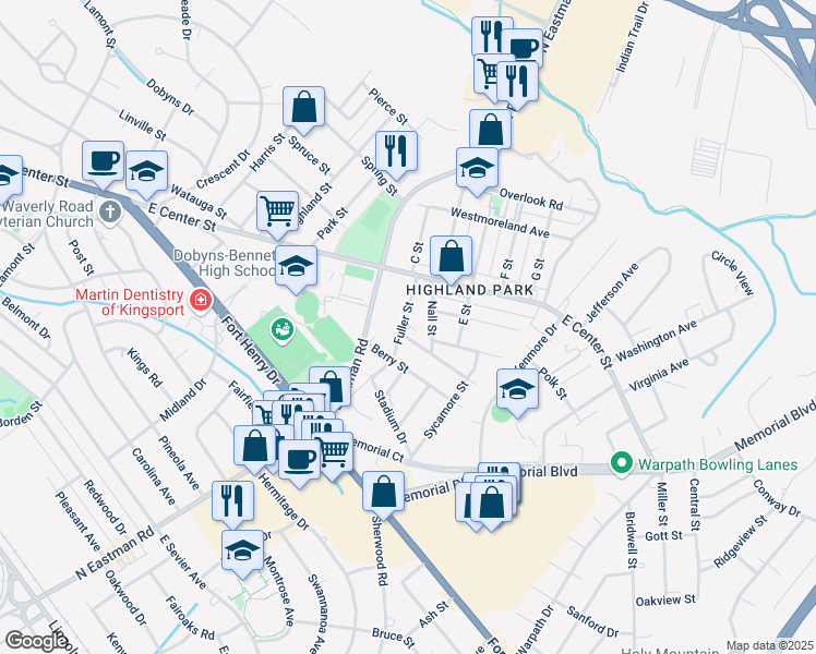 map of restaurants, bars, coffee shops, grocery stores, and more near 1527 Fuller Street in Kingsport