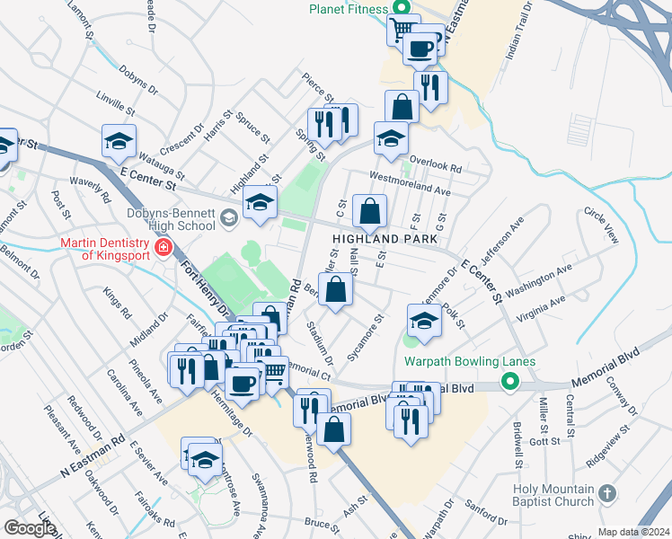 map of restaurants, bars, coffee shops, grocery stores, and more near 1527 Fuller Street in Kingsport