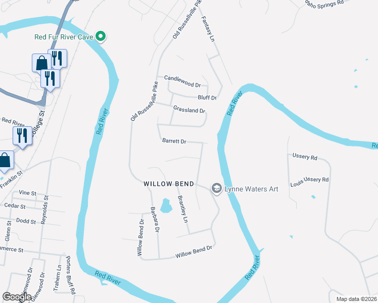 map of restaurants, bars, coffee shops, grocery stores, and more near 381 Renfro Court in Clarksville