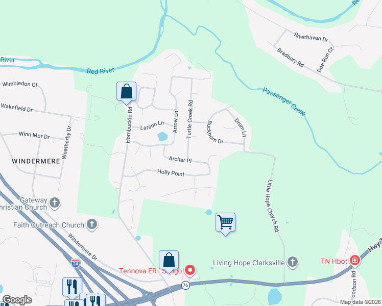 map of restaurants, bars, coffee shops, grocery stores, and more near 803 Turtle Creek Road in Clarksville