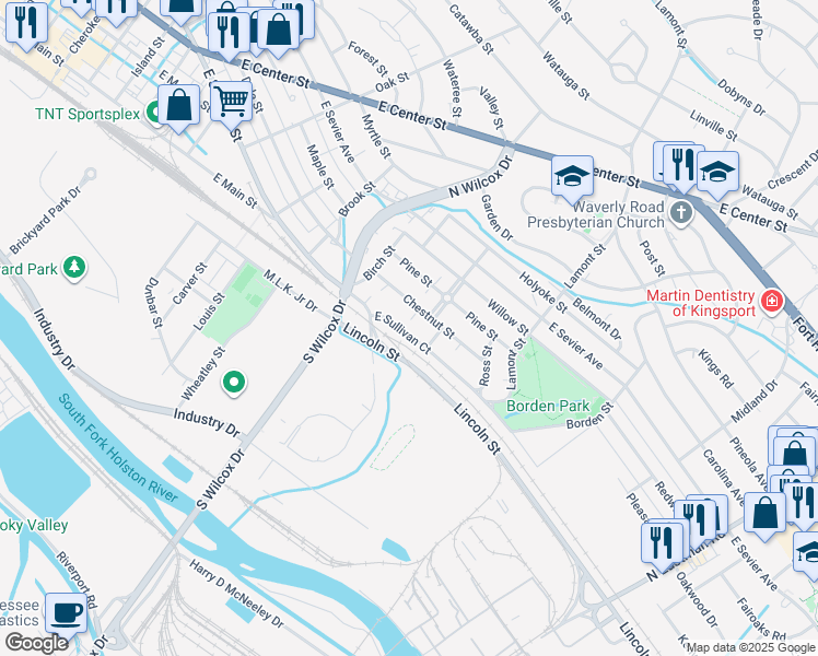 map of restaurants, bars, coffee shops, grocery stores, and more near 1257 East Sullivan Court in Kingsport