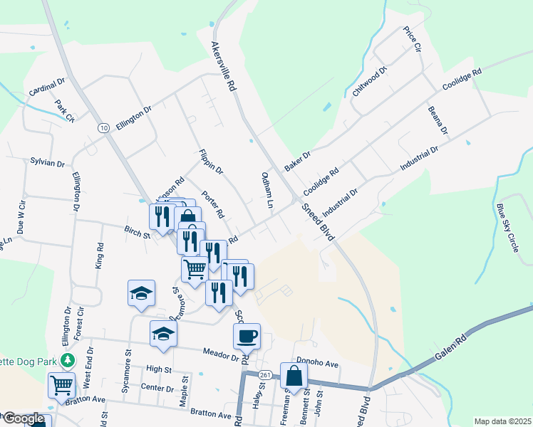 map of restaurants, bars, coffee shops, grocery stores, and more near 293 Akersville Road in Lafayette