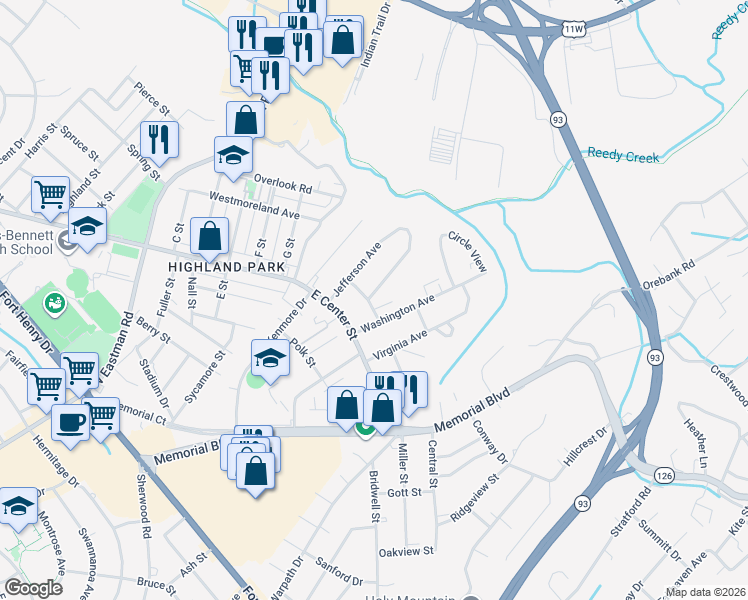 map of restaurants, bars, coffee shops, grocery stores, and more near 1777 Jefferson Avenue in Kingsport