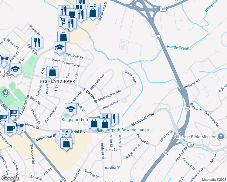 map of restaurants, bars, coffee shops, grocery stores, and more near 1700 Washington Avenue in Kingsport