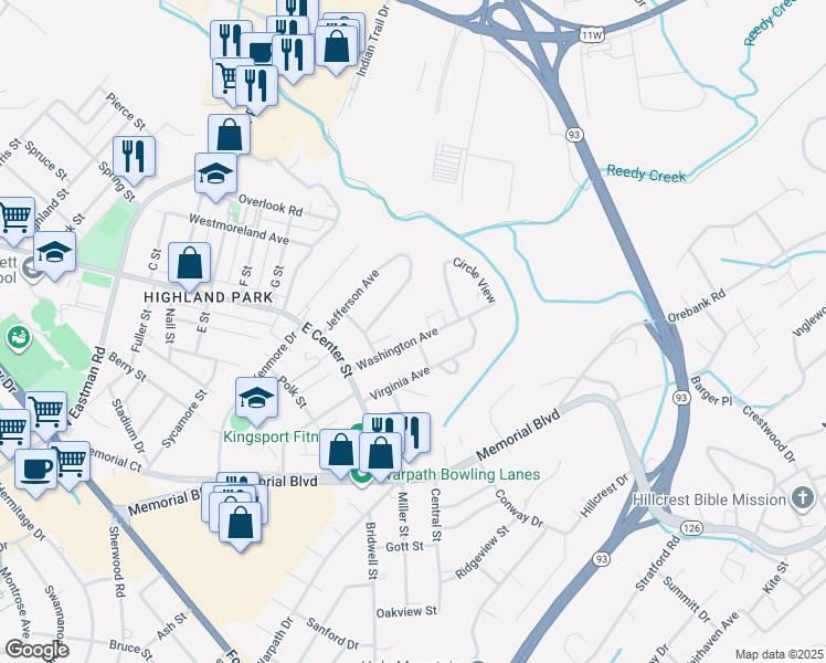 map of restaurants, bars, coffee shops, grocery stores, and more near 1700 Washington Avenue in Kingsport