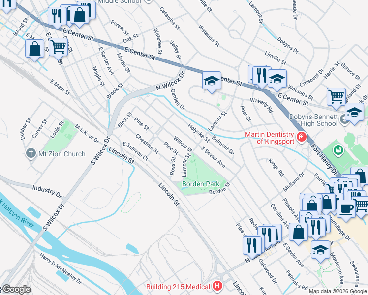 map of restaurants, bars, coffee shops, grocery stores, and more near 914 Lamont Street in Kingsport