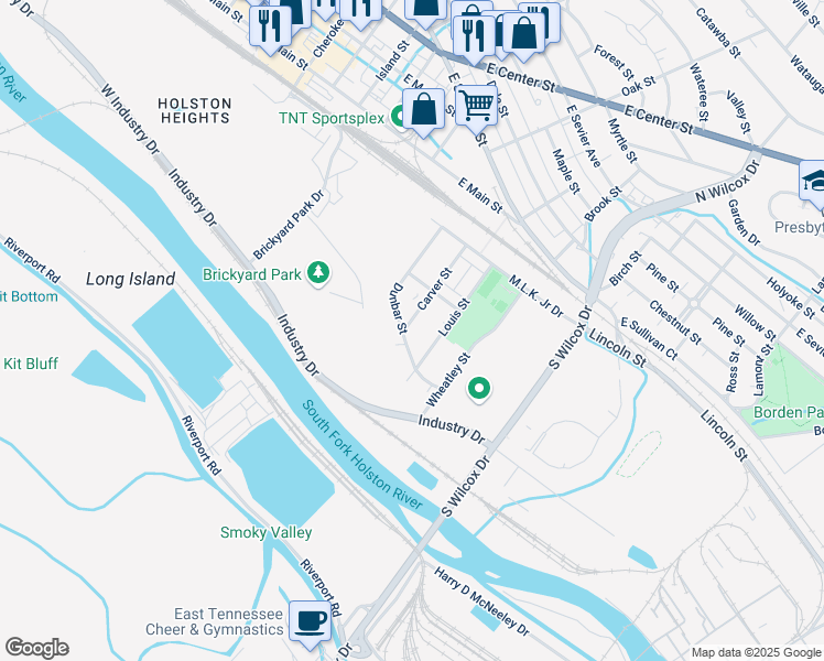 map of restaurants, bars, coffee shops, grocery stores, and more near 338 Carver Street in Kingsport