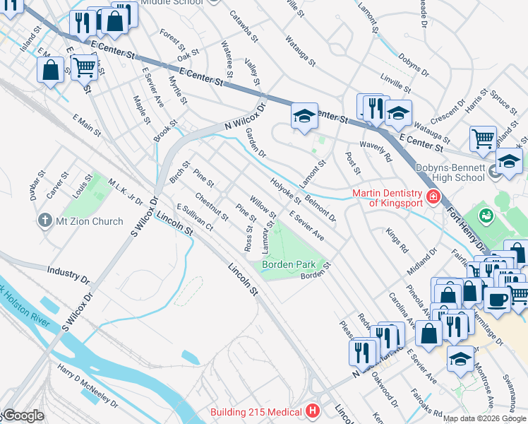 map of restaurants, bars, coffee shops, grocery stores, and more near 914 Lamont Street in Kingsport