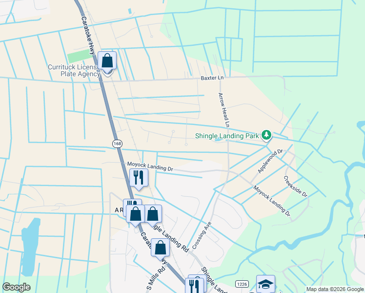map of restaurants, bars, coffee shops, grocery stores, and more near 141 Moyock Landing Drive in Moyock