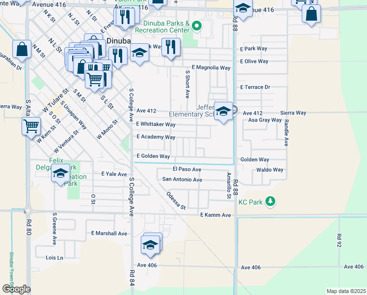 map of restaurants, bars, coffee shops, grocery stores, and more near 1275 Holden Avenue in Dinuba