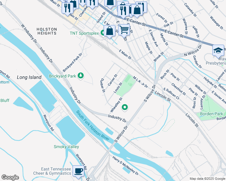 map of restaurants, bars, coffee shops, grocery stores, and more near 338 Carver Street in Kingsport