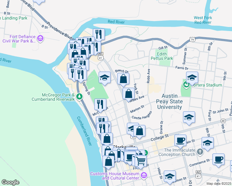 map of restaurants, bars, coffee shops, grocery stores, and more near 614 Anderson Drive in Clarksville