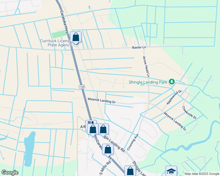 map of restaurants, bars, coffee shops, grocery stores, and more near 141 Moyock Landing Drive in Moyock