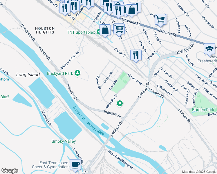 map of restaurants, bars, coffee shops, grocery stores, and more near 338 Carver Street in Kingsport