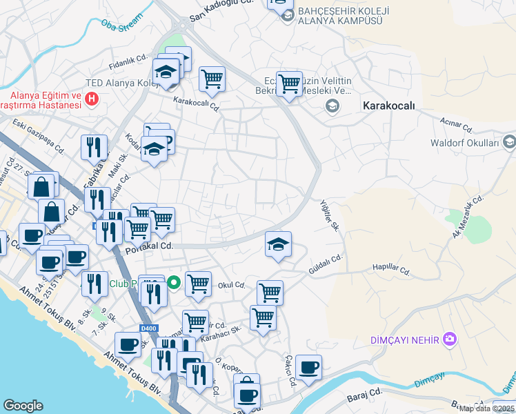 map of restaurants, bars, coffee shops, grocery stores, and more near 22 Bekirler Sokak in Alanya