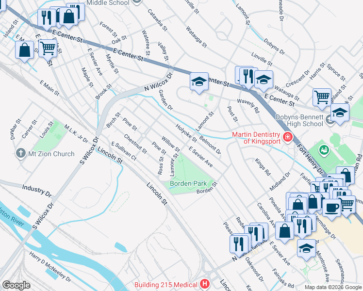 map of restaurants, bars, coffee shops, grocery stores, and more near 914 Lamont Street in Kingsport