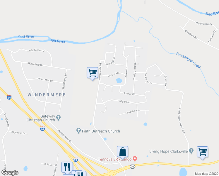 map of restaurants, bars, coffee shops, grocery stores, and more near 3110 Arrow Lane in Clarksville