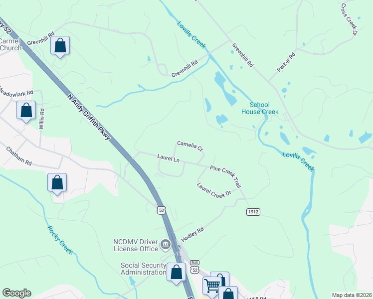 map of restaurants, bars, coffee shops, grocery stores, and more near 140 Laurel Lane in Mount Airy