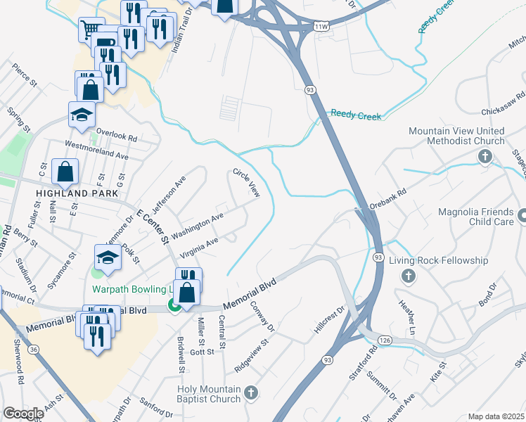 map of restaurants, bars, coffee shops, grocery stores, and more near 1753 Virginia Avenue in Kingsport