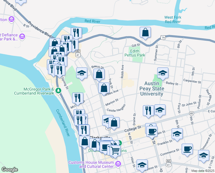 map of restaurants, bars, coffee shops, grocery stores, and more near 238 Georgia Avenue in Clarksville