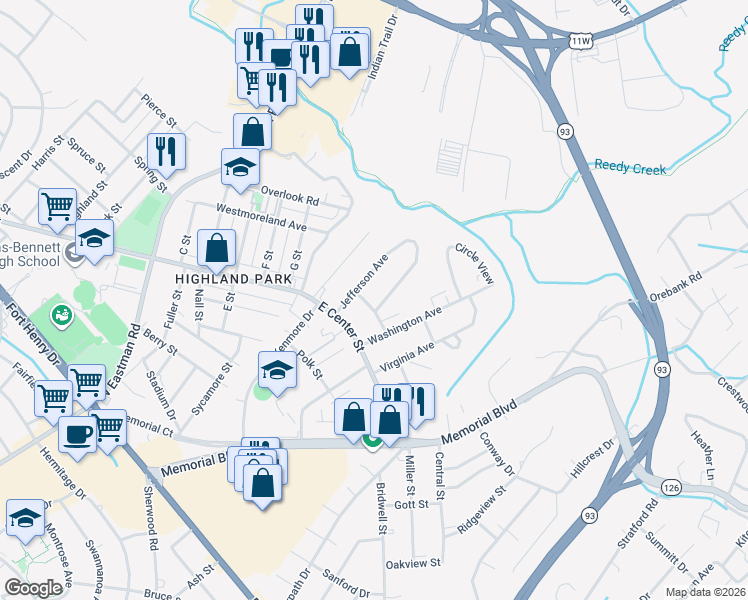 map of restaurants, bars, coffee shops, grocery stores, and more near 1777 Jefferson Avenue in Kingsport