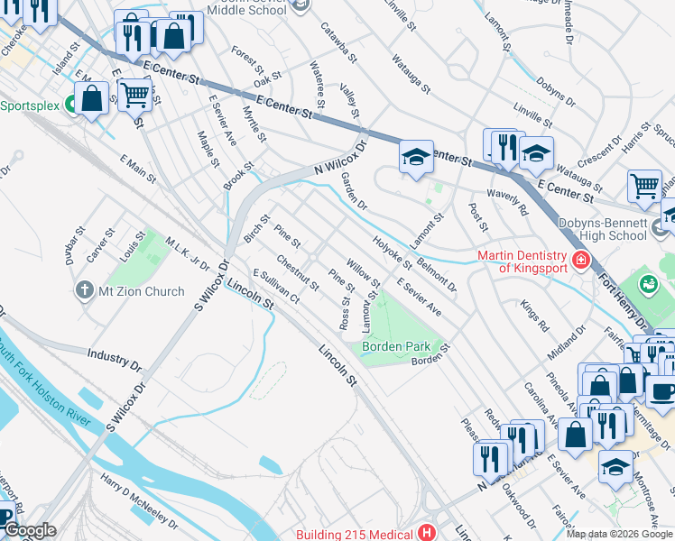 map of restaurants, bars, coffee shops, grocery stores, and more near 1329 Pine Street in Kingsport
