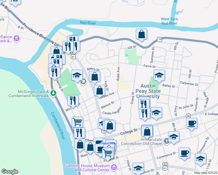 map of restaurants, bars, coffee shops, grocery stores, and more near 521 York Street in Clarksville