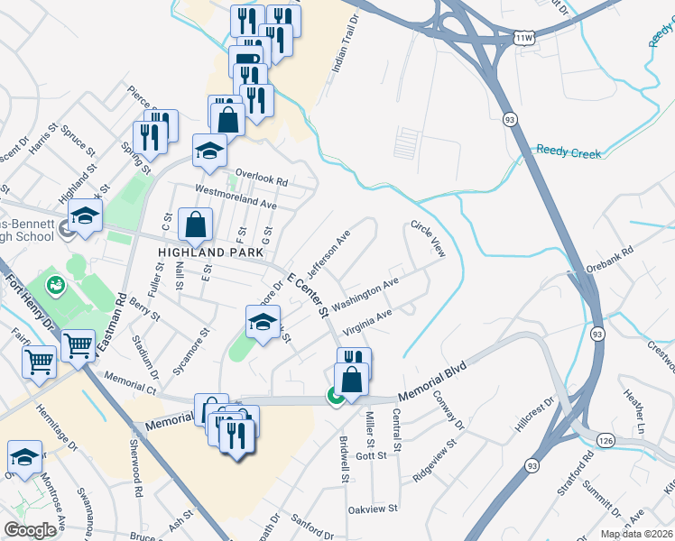 map of restaurants, bars, coffee shops, grocery stores, and more near 1777 Jefferson Avenue in Kingsport