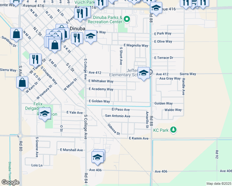 map of restaurants, bars, coffee shops, grocery stores, and more near 1275 Holden Avenue in Dinuba