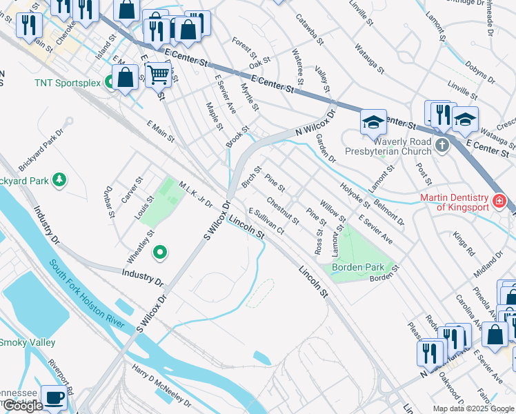 map of restaurants, bars, coffee shops, grocery stores, and more near 1257 East Sullivan Court in Kingsport