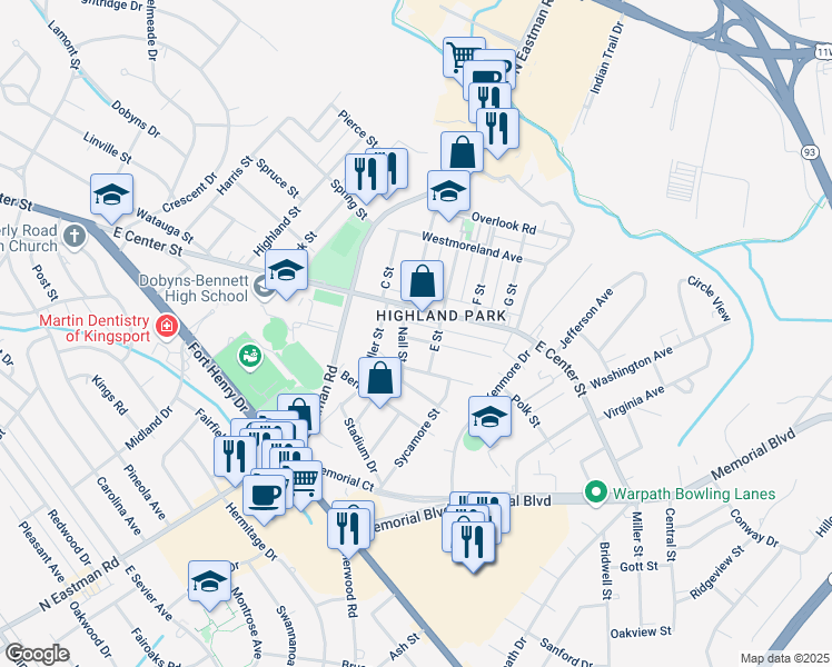 map of restaurants, bars, coffee shops, grocery stores, and more near 2202 Maxwell Avenue in Kingsport