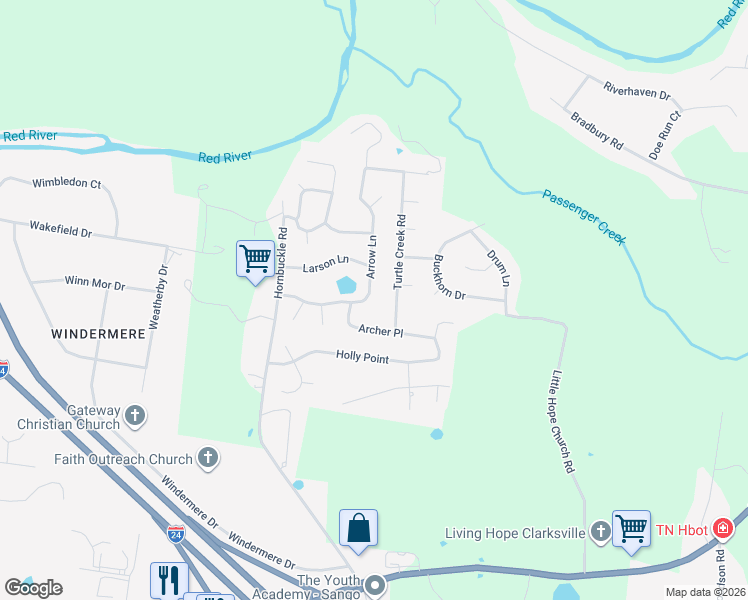 map of restaurants, bars, coffee shops, grocery stores, and more near 1361 Archer Place in Clarksville