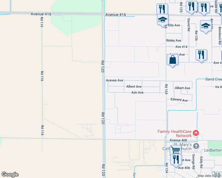 map of restaurants, bars, coffee shops, grocery stores, and more near 12039 Aceves Avenue in Orosi