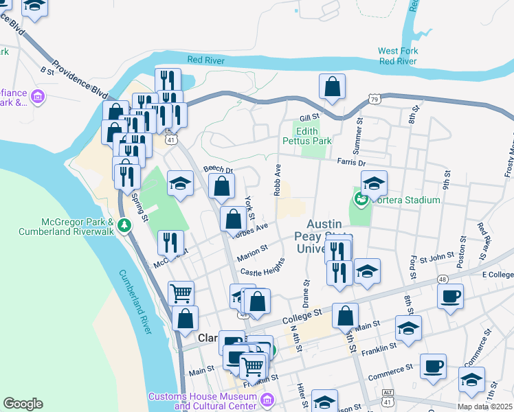 map of restaurants, bars, coffee shops, grocery stores, and more near 529 York Street in Clarksville