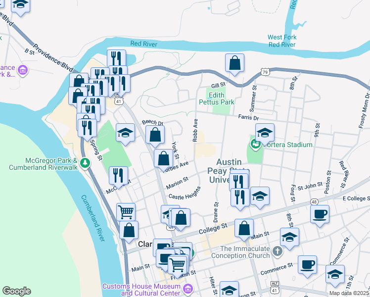 map of restaurants, bars, coffee shops, grocery stores, and more near 529 York Street in Clarksville