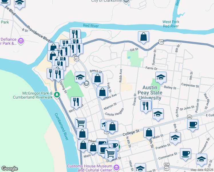 map of restaurants, bars, coffee shops, grocery stores, and more near 245 Georgia Avenue in Clarksville