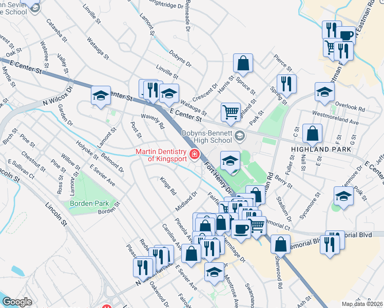 map of restaurants, bars, coffee shops, grocery stores, and more near 1569 Fort Henry Drive in Kingsport
