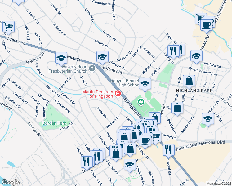 map of restaurants, bars, coffee shops, grocery stores, and more near 1569 Fort Henry Drive in Kingsport