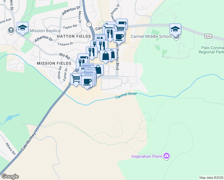 map of restaurants, bars, coffee shops, grocery stores, and more near 653 Rio Avenue in Carmel-by-the-Sea