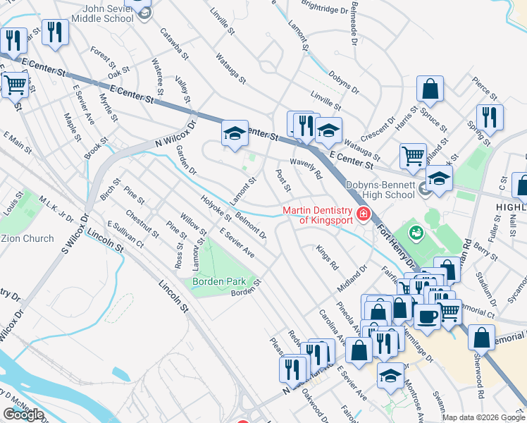 map of restaurants, bars, coffee shops, grocery stores, and more near 1353 Pineola Avenue in Kingsport