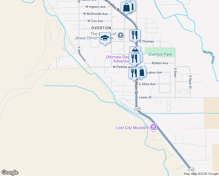 map of restaurants, bars, coffee shops, grocery stores, and more near 411 South Andersen Street in Moapa Valley